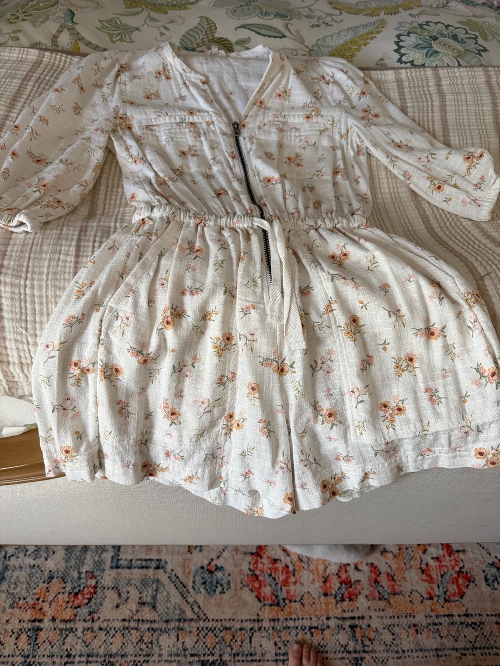 Cream Floral Short Sleeve Romper with Drawstring Waist